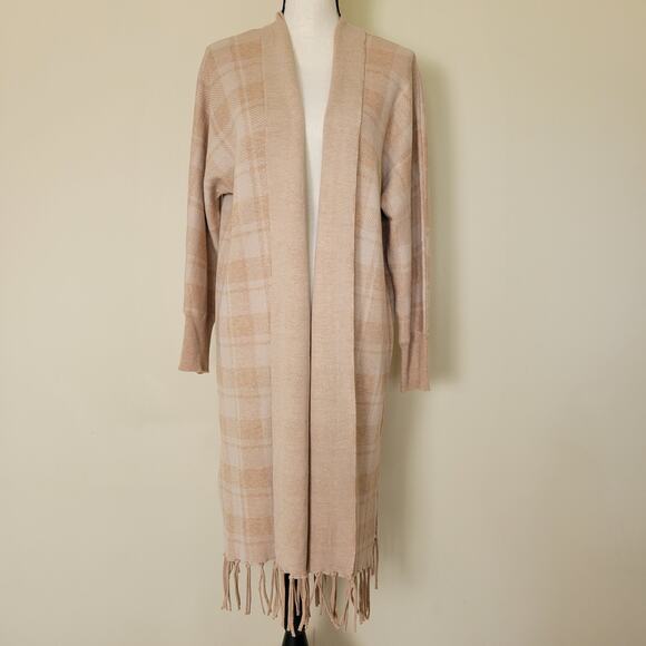 Rachel Zoe Size M Cardigan Coatigan Dunster Maxi Sweater Fringe Hem Tan Plaid - Picture 1 of 14